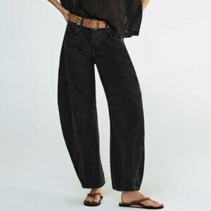 We The Free People Good Luck Mid Rise Barrel Jeans Black Denim Cropped Size 27